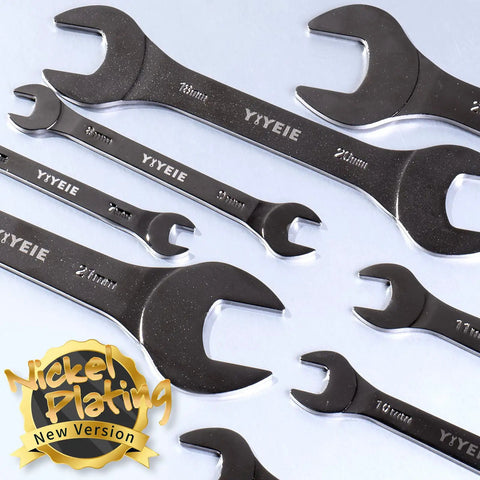 Ultra Slim 9 Piece SAE Open End Wrench Set From 1/4 Inch To 1-1/16 Inch Nickel Plated CR-V Steel With Rolling Pouch displayed