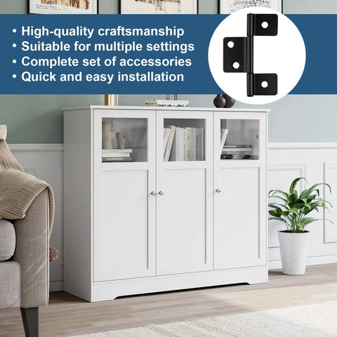 Black Three Leaf Non Mortised Hinges With Screws For Mobile Home RV Cabinet Window And Furniture Heavy Duty Quick Surface Mount Design With Smooth Swinging Bearing And Jam Free 10 Pack next to a white cabinet.