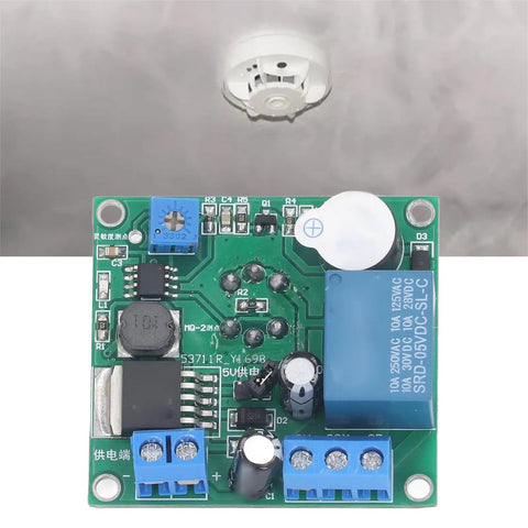 MQ 2 Smoke Sensor Module With Buzzer Alert And Relay Switch, top view showing circuit components and connections