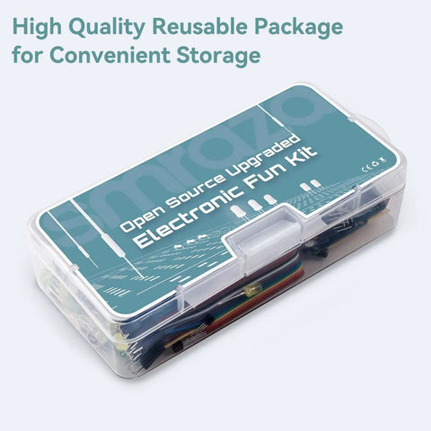 Hella Sweet 298 Piece Electronics Starter Kit With Breadboard Compatible With Arduino And Raspberry Pi in a clear storage case.