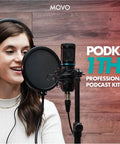 Universal Cardioid Condenser Microphone Packed With MDX-1 2x2 Audio Interface Featuring Quality Studio Headphones And Tabletop Mic Stand For Those Craving Pro Grade Podcast Gear That Slays Streams, woman speaking into mic with pop filter.