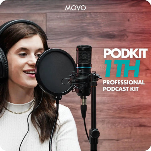 Universal Cardioid Condenser Microphone Packed With MDX-1 2x2 Audio Interface Featuring Quality Studio Headphones And Tabletop Mic Stand For Those Craving Pro Grade Podcast Gear That Slays Streams, woman speaking into mic with pop filter.