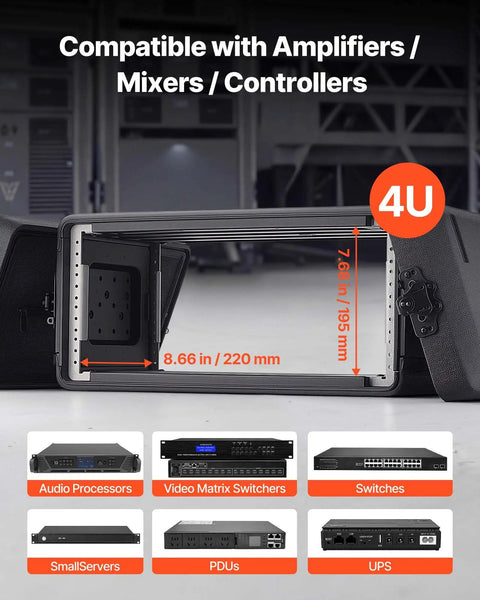 Kickass 4U Rack Mount Case Shallow Flight Box With Integrated Mic Storage showing compatibility with amplifiers and mixers.