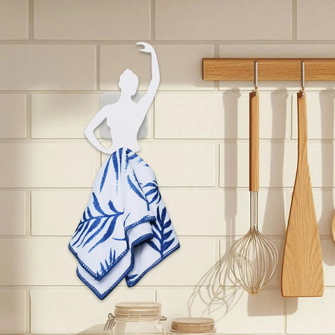 Kickass Sticky Wall Hooks Featuring A Snazzy Ballet Design Deliver Rock Solid Hold For Quick Organization And Snazzy Room Accents Without Damage Or Drilling Required, showcasing a white ballet hook with a blue flower-patterned towel.