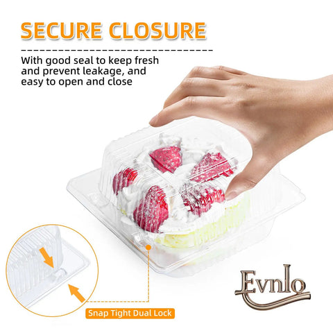 Hand closing a clear clamshell container with cake, part of 100 Count Clear Thickened Plastic Food Containers With Lids Clamshell Takeout Boxes.