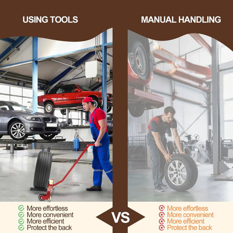 Comparison of using the Rock Solid Adjustable Tire And Wheel Dolly For Home Garage Or Pro Shop Making Swaps A Total Breeze vs manual tire handling.