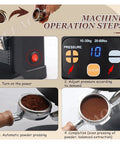 Electric Coffee Tamper Featuring Adjustable Pressure Automatic Espresso Device Delivers Straight Up Professional Results For Next Level Crema Every Single Shot Since It Truly Hits Different showing operation steps with adjustment settings.