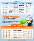 Print Master app screen showcasing icons, templates, fonts, and borders for Bluetooth Portable Label Printer For Small Biz Fast Thermal Label Maker For Barcodes Addresses Clothing Pricing Mail Jewelry Cables And More Works With Phone And PC