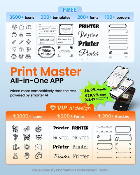 Print Master app screen showcasing icons, templates, fonts, and borders for Bluetooth Portable Label Printer For Small Biz Fast Thermal Label Maker For Barcodes Addresses Clothing Pricing Mail Jewelry Cables And More Works With Phone And PC