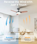 Smart Ceiling Fan With Lights, 42 Inch Black, 12 Speeds, shown in modern living room demonstrating bidirectional airflow for summer and winter