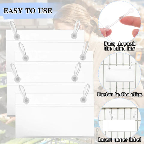 100 Pack Clear Transparent Wire Shelf Label Holders Hella Durable Plastic Snap Tags for easy labeling, displaying price tags, and organization.