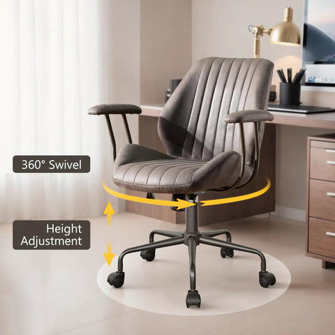 Mid Century Modern Office Chair Grey Faux Suede Ergonomic Mid Back Executive Seat With Lumbar Support Swivel Base with height adjustment and casters.