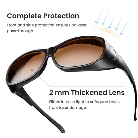 Heavy Duty OD5 Blue Laser Filter Safety Glasses For Precision 3D Scanning With Sick Eye Protection And Crystal Clear Ultraviolet Shielding For Hobbyists showing thickened lens and side protection.