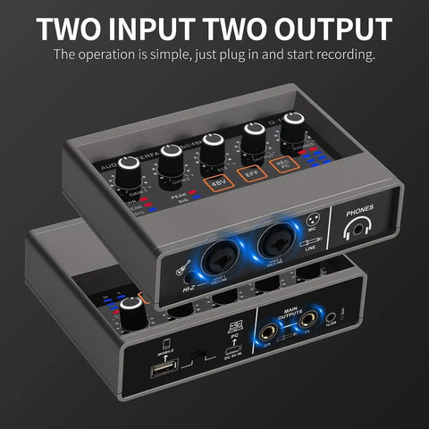 Two input two output USB audio interface for PC with touch control, XLR inputs with preamps, 16 bit 48 kHz, phantom power 48V