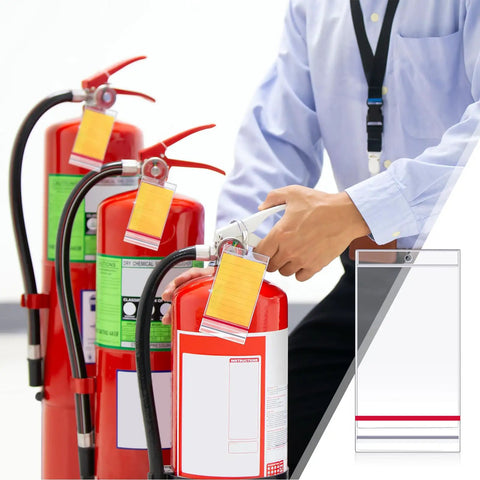 Heavy Duty Resealable Fire Extinguisher Tag Covers 100 Pack Crystal Clear Waterproof Plastic Inspection Sleeves With Slick Side Opening For Hassle Free Yearly Safety Checks on fire extinguishers.