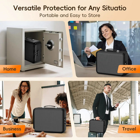Fireproof Document Box With Lock, Waterproof Hard Shell Safe For Home Office shown in different settings: home, office, travel.