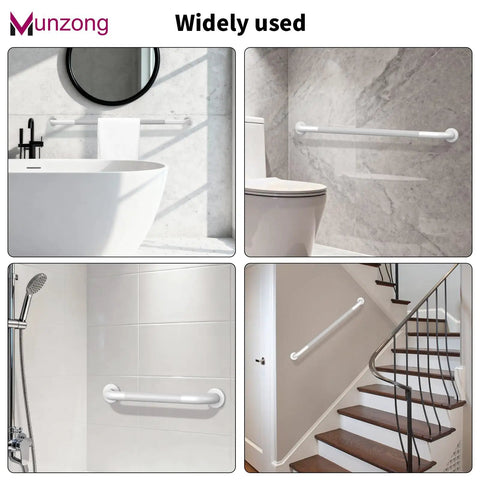 Built Like A Tank Anti Slip Shower Grab Bar Kit With Reliable Stability That Never Lets You Down Includes Three Wall Mount Handrails Perfect For Senior Bathrooms And Easy Bathroom Upgrades In Clean White, displayed in various bathroom and stair settings.