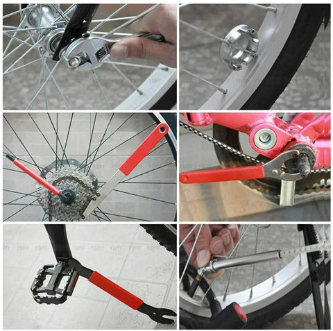 All-In-One Bicycle Repair Tool Kit With 48 Essential Tools In Durable Case shown in use for various bike maintenance tasks.