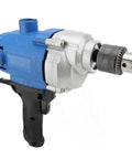 Heavy Duty Corded Mixing Drill With Six Speed Settings Up To Three Thousand Rpm showing blue carbon steel body and drill chuck.