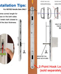Installation instructions for keyed sliding patio glass door handle set, showing center keylock and 2-point hook lock details.