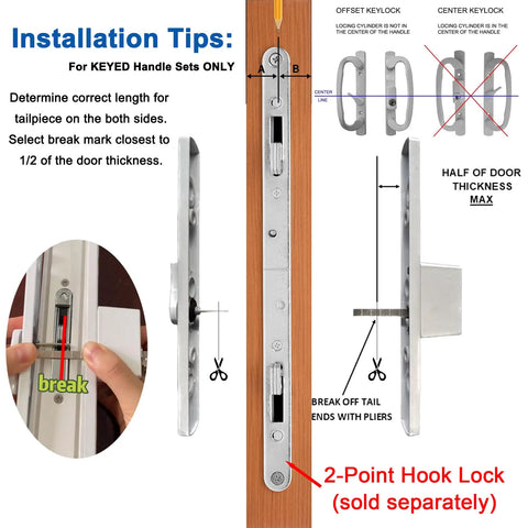 Installation instructions for keyed sliding patio glass door handle set, showing center keylock and 2-point hook lock details.