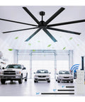 Ginormous 96-Inch HVLS ceiling fan with 8 metal blades, quiet reversible DC motor, remote control, installed in a garage with cars