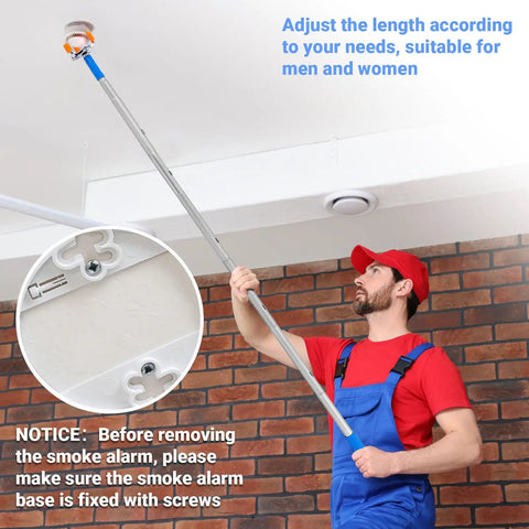 Say No To Wobbly Ladders With This Smart Smoke Detector Removal Tool Featuring An Adjustable Reach Pole Stretching Up To 10 Feet For Easy Ceiling Disassembly And Hassle Free Maintenance. User adjusting the 10 ft extendable pole to remove a smoke alarm.