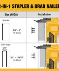 2-in-1 Stapler & Brad Nailer size guide for 18 gauge brad nails and crown staples installation details.