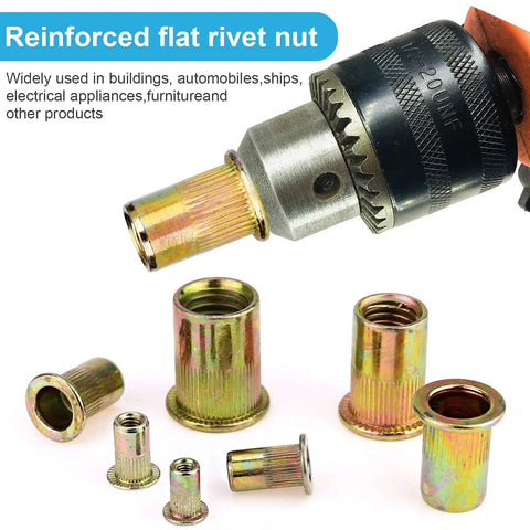 Front view of M5 zinc-plated flat-head rivet nuts (threaded inserts) with flanges; assorted sizes.