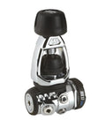 Close-up of Mk17 Evo 2 Internal Regulator System With C370 Second Stage, silver and black, cold water ready for scuba diving.