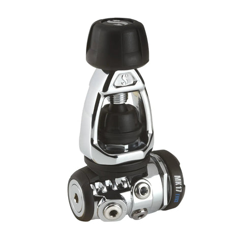 Close-up of Mk17 Evo 2 Internal Regulator System With C370 Second Stage, silver and black, cold water ready for scuba diving.