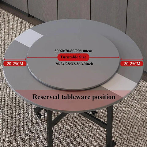 Slick Wooden Lazy Susan Turntable Rotating Dining Table Tray With Smooth Spin And Grey Finish, showing dimensions on a circular table.