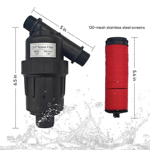 Heavy Duty Three Quarter Inch Inline Hose Filter For Drip Irrigation With 120 Mesh Screen, 6.5 in height, 5 in width.