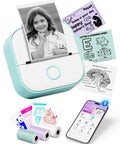 Compact T02 Mini Sticker Printer with Bluetooth Label Maker and Smart AI App showing printed photo and notes.