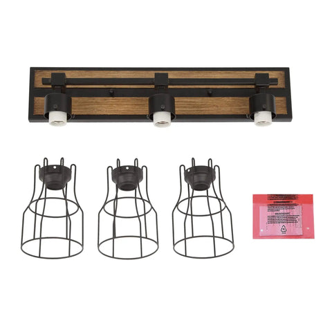 Two Light Farmhouse Vanity Light With Vintage Black Metal Cage And Rustic Wood Finish, E26 Base, disassembled parts view