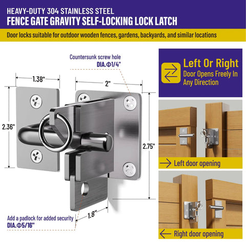 Tough As Nails Gravity Self Locking Fence Gate Latch Heavy Duty Silver Stainless Privacy Hardware, detailed view with measurements.