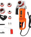 Heavy Duty Electric Pipe Threader Featuring A Badass 2300 Watt Motor And Six Replaceable Dies For One Half To Two Inch Galvanized Steel Pipes, includes die set and tools.
