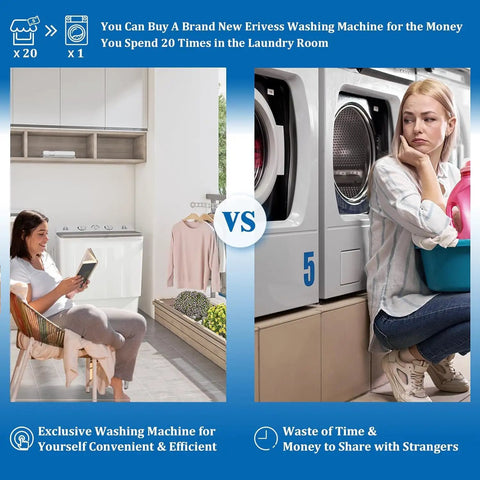 Comparison image of Portable Twin Tub Washing Machine With Drying Rack And Ten Hangers, 12 Lb Washer Plus 7 Lb Spinner vs laundromat.