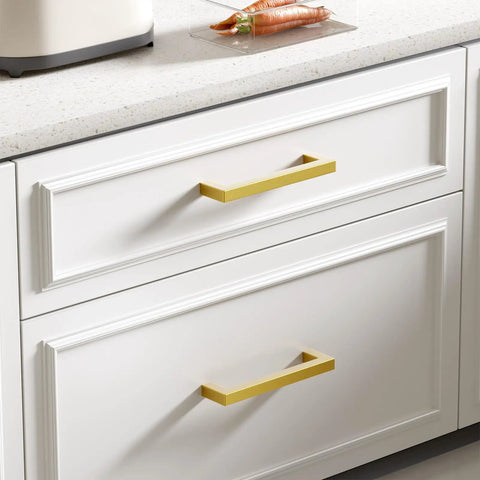 30 Pack 12 Inch Premium Stainless Steel Cabinet Handles And Drawer Pulls Slick Brushed Gold Finish Kitchen And Bathroom Real Deal Scratch Resistant Hardware Built Like A Tank on white cabinet drawers.