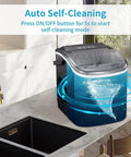 Portable Countertop Ice Maker Serving Solid Cubes In Six Minutes Flat Includes Built In Handle And Scoop Hella Quiet Self Cleaning on kitchen counter with self-cleaning feature.