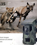 Beast Mode Mini Solar Trail Camera Cranking Out Crisp 50MP 4K Wildlife Footage And Dead Easy Solar Power With Reliable Battery Backup For Seamless Woods Patrol capturing a running deer and a lion.