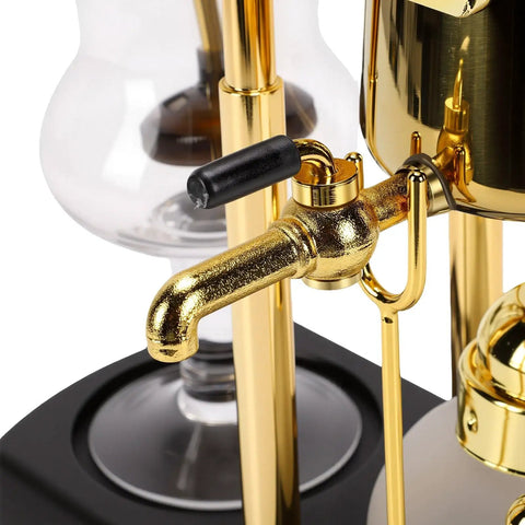 Artisan Manual Siphon Coffee Maker Featuring Sturdy Heatproof Glass Carafe showing gold faucet and heatproof glass elements.