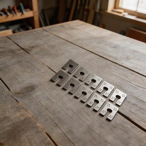 100 Pack Solar Grounding Clips 304 Stainless Steel Conductive Washer Kit on wooden table for PV panel installation.