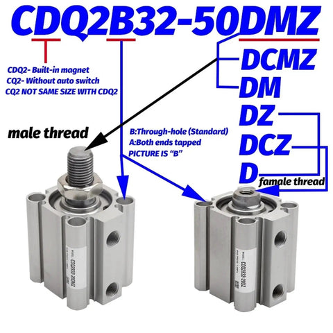 Heavy Duty Air Pneumatic Cylinder Featuring A Rugged Rod End With Female Threading Built For Demanding Shop Floors, showing male and female threads.