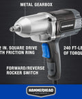 Beefy 7.5 Amp 1/2 Inch Impact Wrench Delivers 240 Ft-Lbs Torque, 2200 RPM, 2700 IPM With Friction Ring Anvil shown