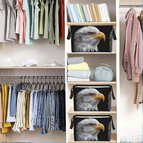 Super Roomy Polyester Storage Basket With Reinforced Handles Major Closet Organizer displaying eagle design with folded towels and clothing.