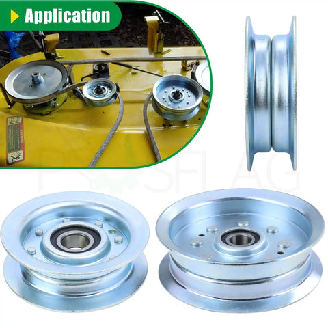 Heavy Duty Idler Pulley Replacement For John Deere GY22172 And GY20629 Fits 42 Deck D130 Mower Parts showing two pulleys.
