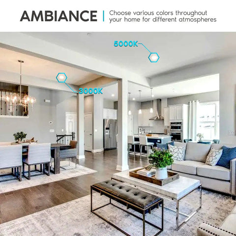 Living room with Square 4 Inch LED Recessed Lighting showing 3000K and 5000K color options for ambient atmosphere.