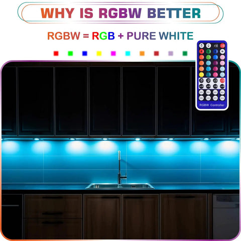 Kitchen with RGBWW Under Cabinet Puck Light Kit with Daisy Chain Link illuminated in blue, shown with remote dimmer.