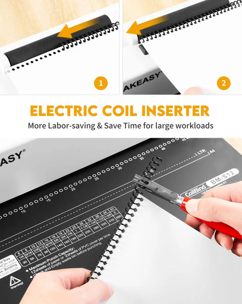 Smooth Operator Electric Spiral Binding Machine For Home Office, No Fuss Coil Insert With 4:1 Pitch, Punches 12 Sheets For A4 A5 Letter Size, Total Bang For Your Buck With 5 16 Inch Coils And Pliers showing the electric coil inserter in action.